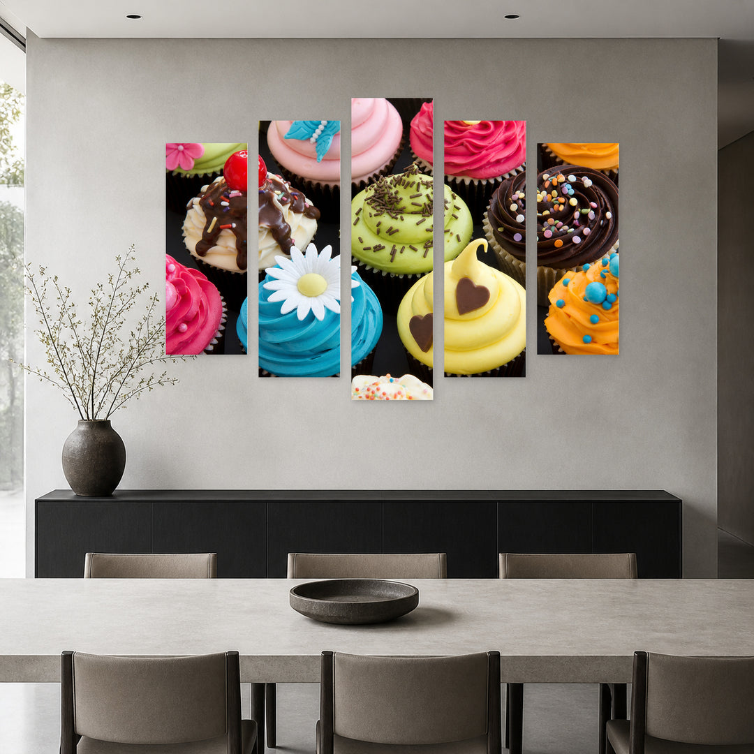 Colorful Muffins in Soft Pastels — five-panel wall art in alternate frontal interior | 5wallart 53053 M4