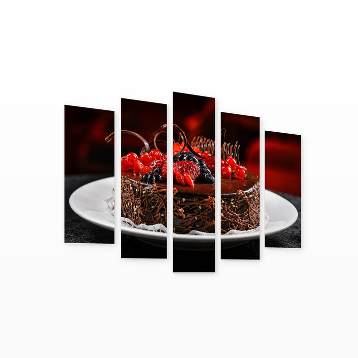 Chocolate Cake with Raspberries Still Life — five-panel wall art on white background in perspective | 5wallart 53055 M1