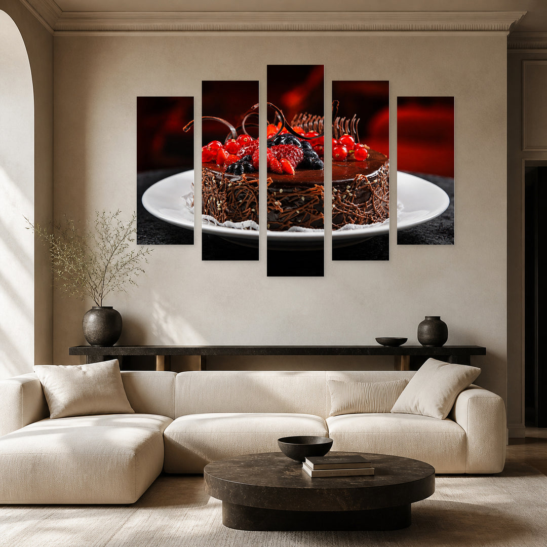 Chocolate Cake with Raspberries Still Life — five-panel wall art in frontal interior | 5wallart 53055 M3