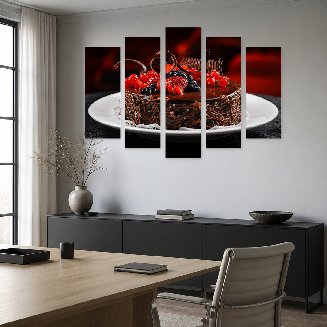 Chocolate Cake with Raspberries Still Life — five-panel wall art in alternate frontal interior | 5wallart 53055 M4