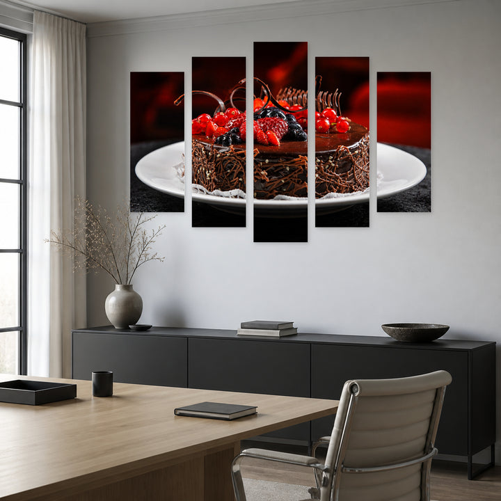 Chocolate Cake with Raspberries Still Life — five-panel wall art in alternate frontal interior | 5wallart 53055 M4