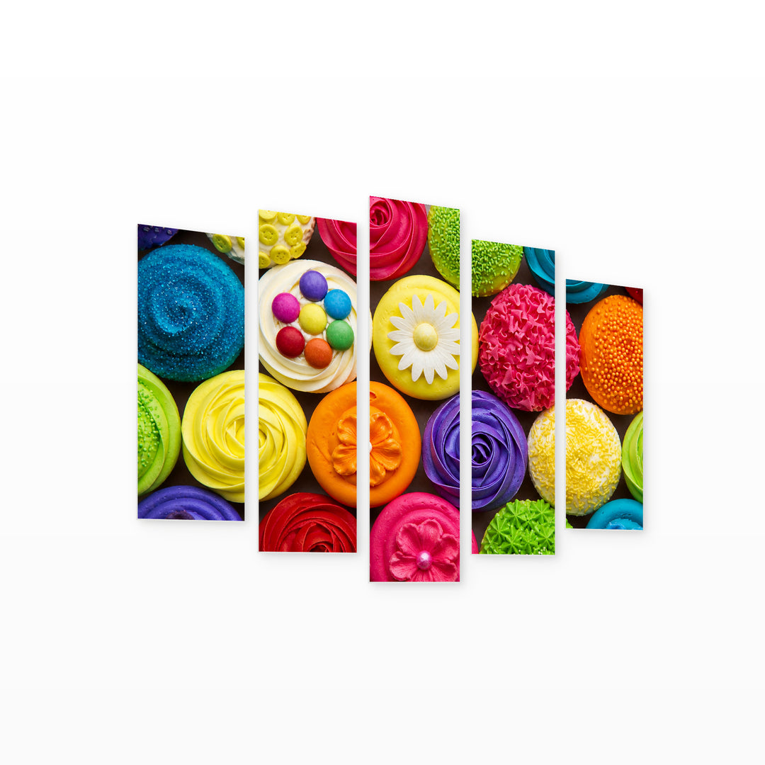 Colorful Muffins Urban Panorama — five-panel wall art on white background in perspective | 5wallart 53057 M1