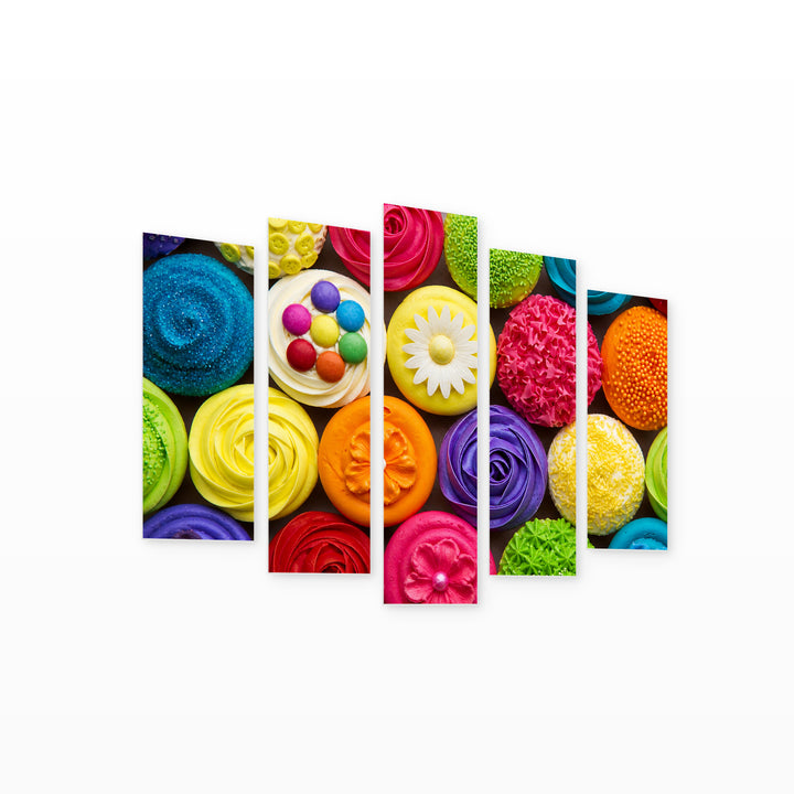 Colorful Muffins Urban Panorama — five-panel wall art on white background in perspective | 5wallart 53057 M1