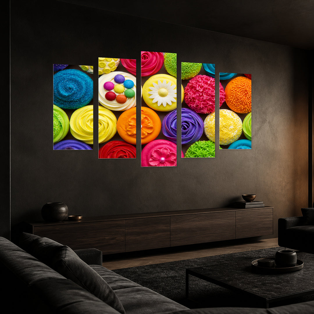Colorful Muffins Urban Panorama — five-panel wall art in perspective interior | 5wallart 53057 M2