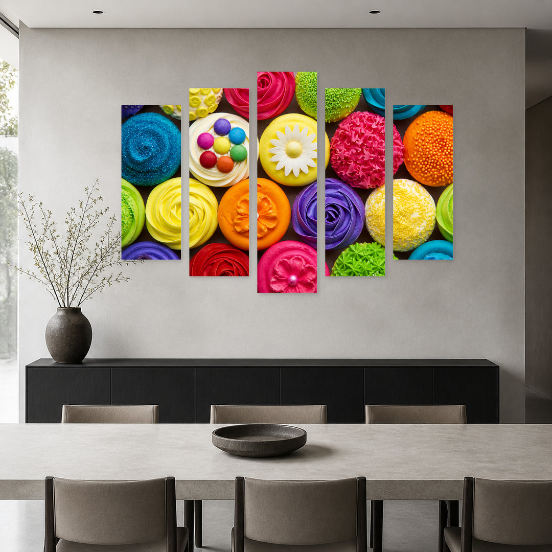 Colorful Muffins Urban Panorama — five-panel wall art in alternate frontal interior | 5wallart 53057 M4