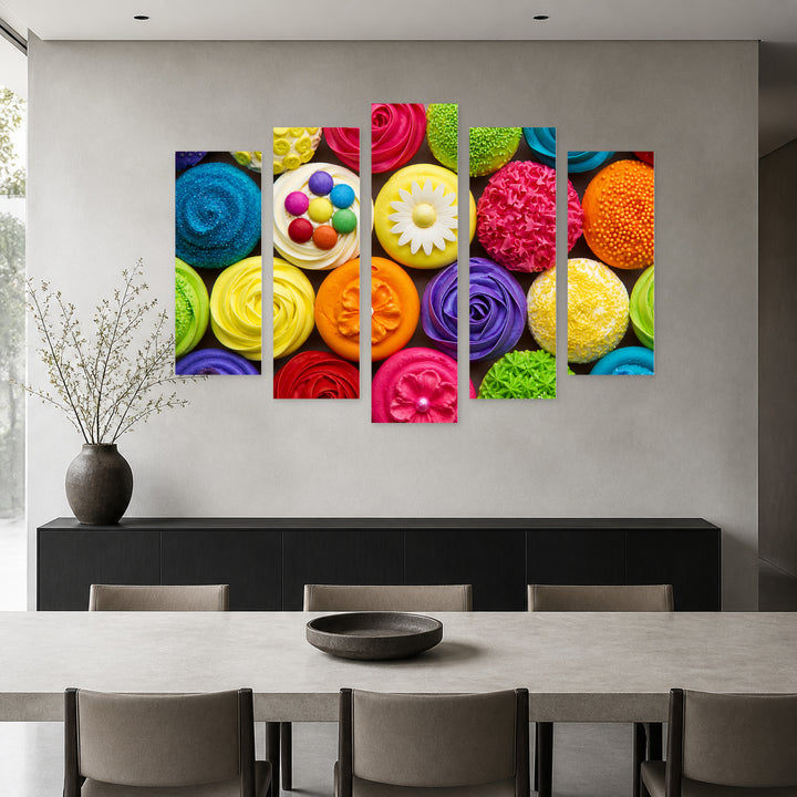 Colorful Muffins Urban Panorama — five-panel wall art in alternate frontal interior | 5wallart 53057 M4