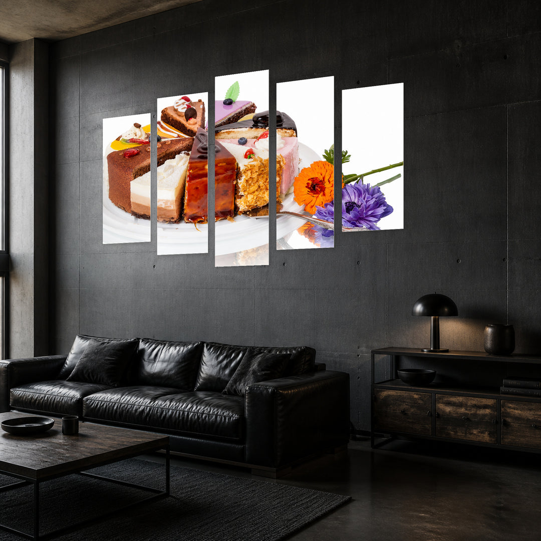Cake Slices Still Life — five-panel wall art in perspective interior | 5wallart 53060 M2
