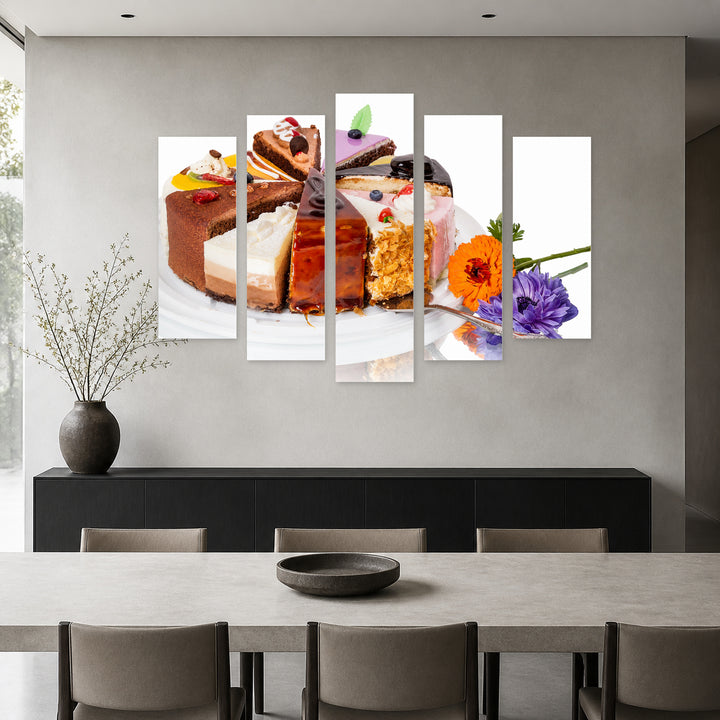 Cake Slices Still Life — five-panel wall art in frontal interior | 5wallart 53060 M3