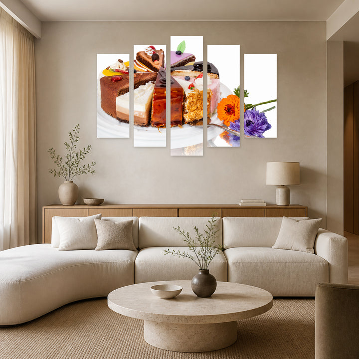 Cake Slices Still Life — five-panel wall art in alternate frontal interior | 5wallart 53060 M4