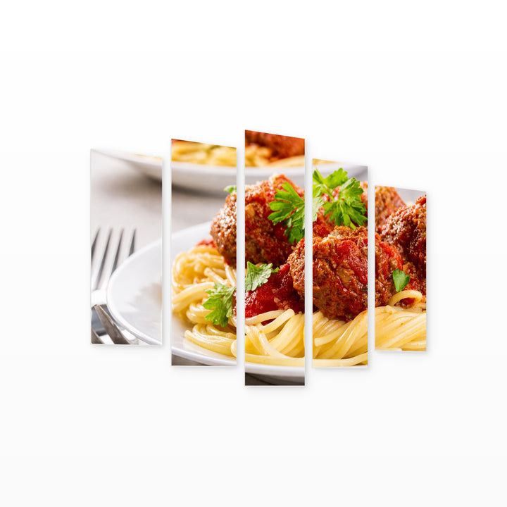 Spaghetti Bolognese Still Life — five-panel wall art on white background in perspective | 5wallart 53061 M1