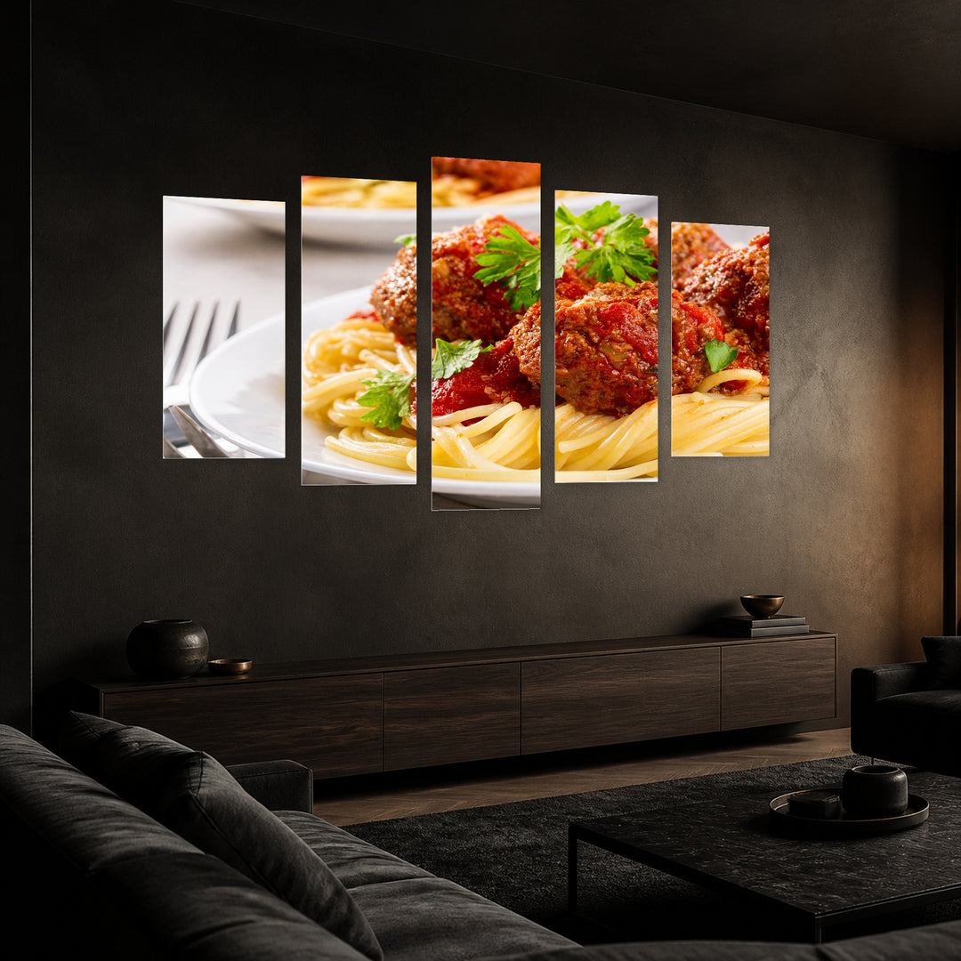 Spaghetti Bolognese Still Life — five-panel wall art in perspective interior | 5wallart 53061 M2