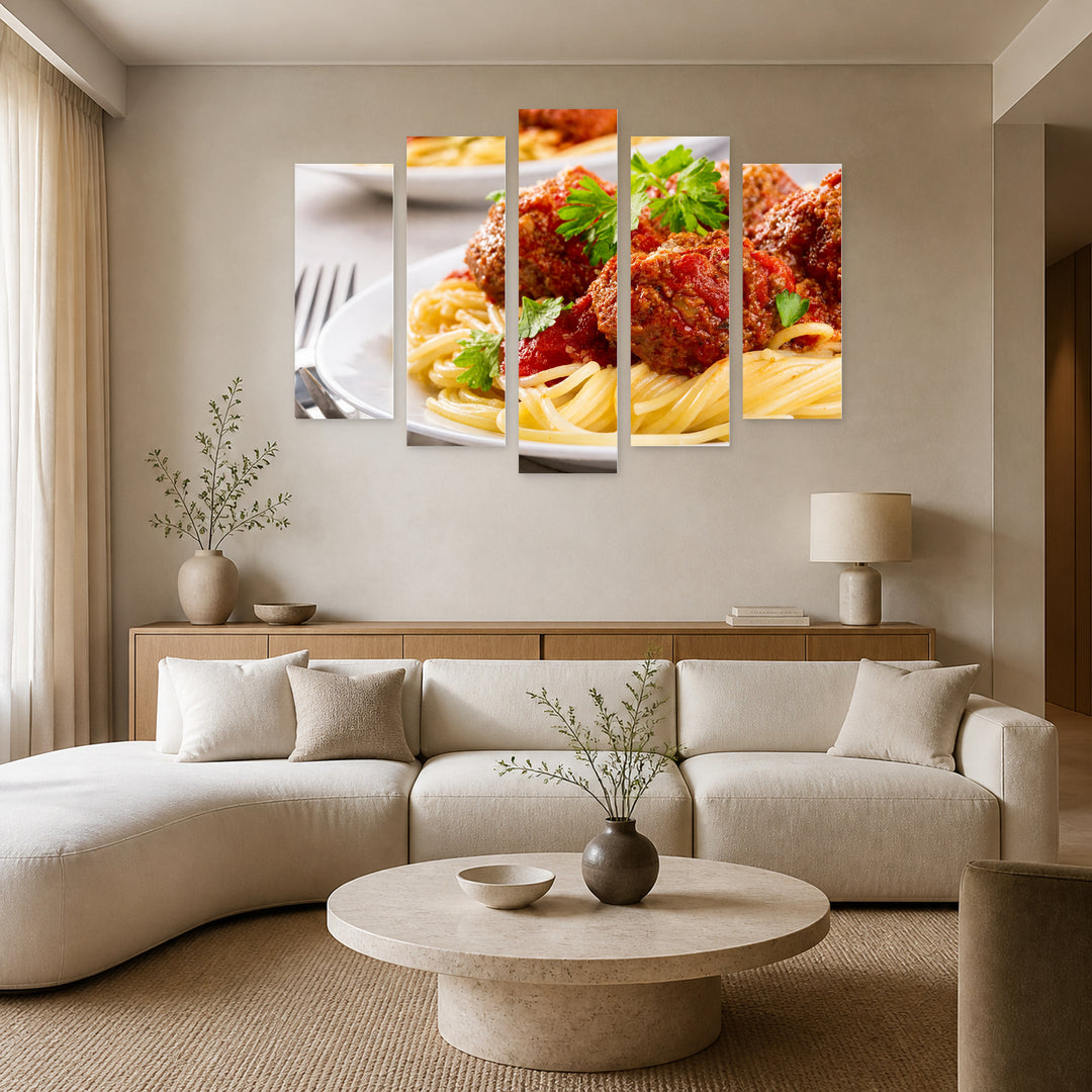 Spaghetti Bolognese Still Life — five-panel wall art in frontal interior | 5wallart 53061 M3