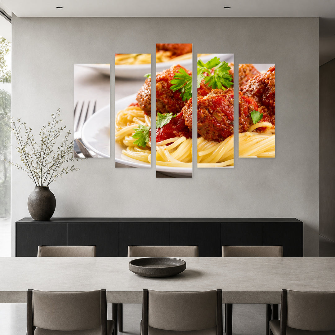 Spaghetti Bolognese Still Life — five-panel wall art in alternate frontal interior | 5wallart 53061 M4