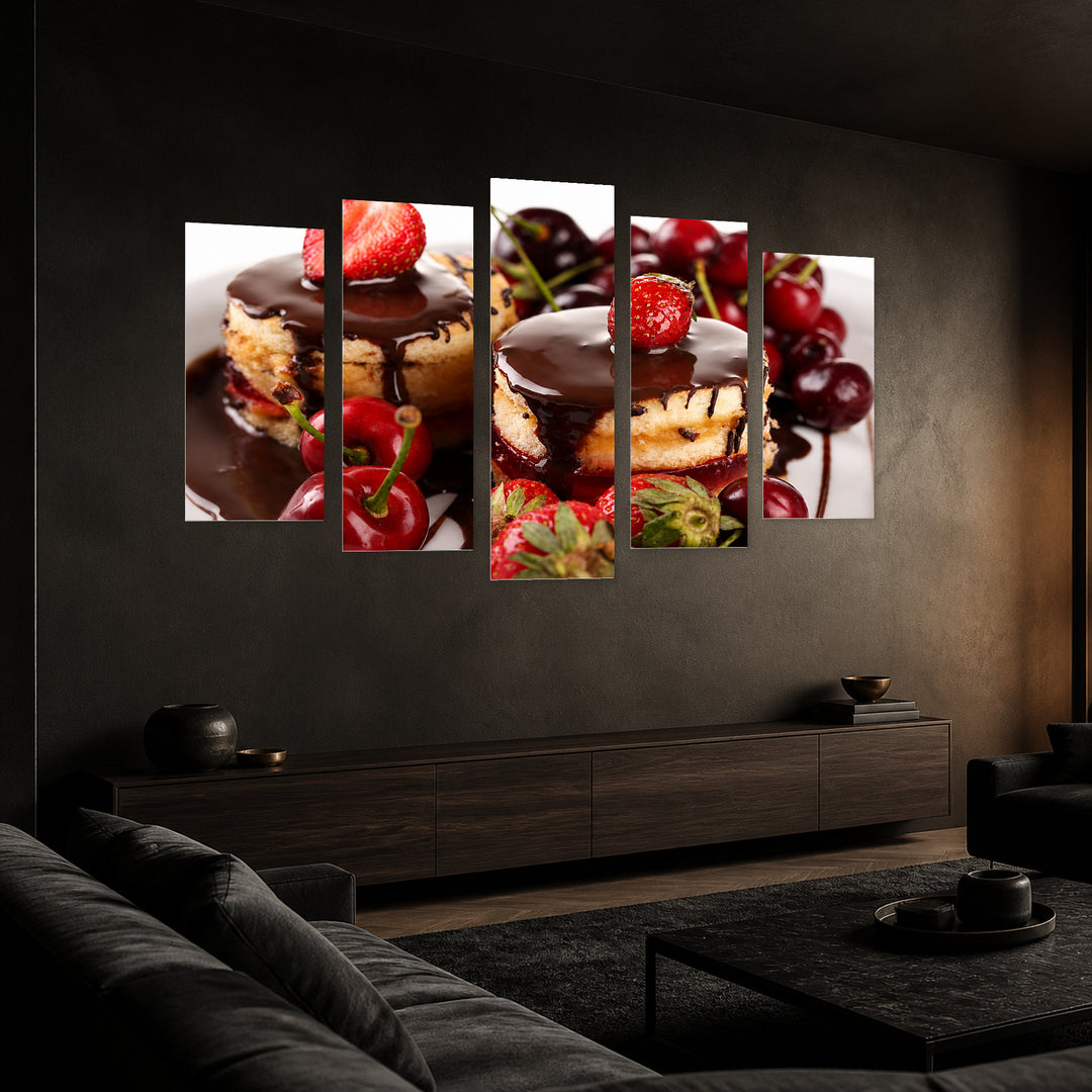 Chocolate Dessert Still Life — five-panel wall art in perspective interior | 5wallart 53065 M2