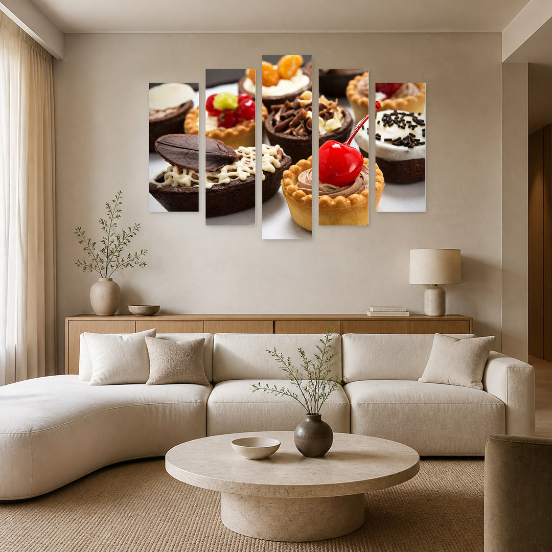 Mini Cakes in Vivid Color — five-panel wall art in alternate frontal interior | 5wallart 53066 M4