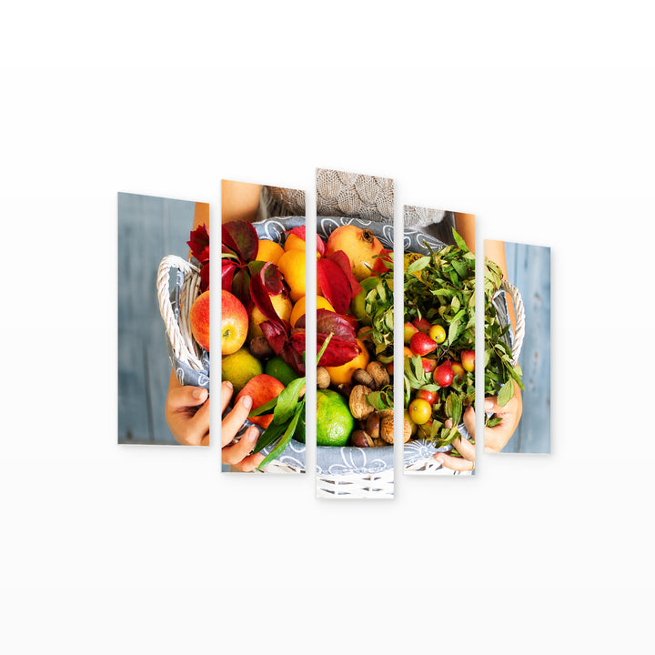 Basket of Fruit in Vivid Color — five-panel wall art on white background in perspective | 5wallart 53068 M1