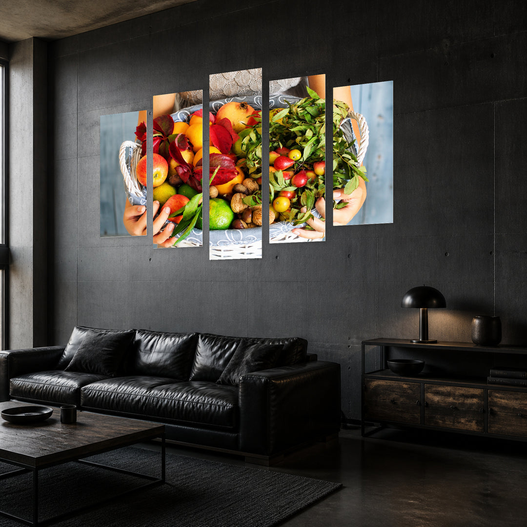 Basket of Fruit in Vivid Color — five-panel wall art in perspective interior | 5wallart 53068 M2
