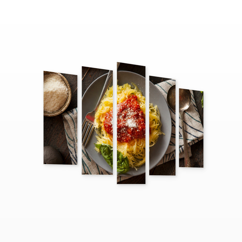 Homemade Spaghetti Squash Pasta Still Life — five-panel wall art on white background in perspective | 5wallart 53072 M1
