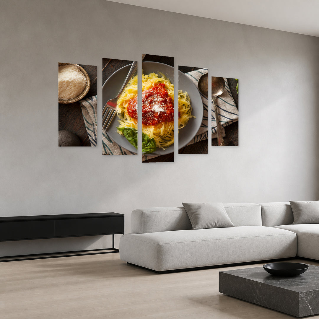Homemade Spaghetti Squash Pasta Still Life — five-panel wall art in perspective interior | 5wallart 53072 M2