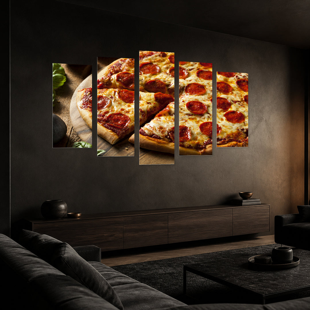 Pepperoni Pizza Still Life — five-panel wall art in perspective interior | 5wallart 53073 M2