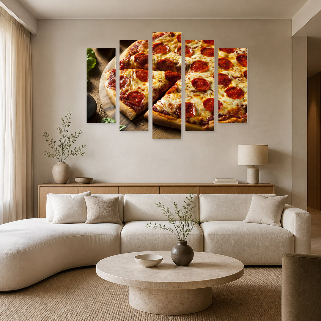 Pepperoni Pizza Still Life — five-panel wall art in frontal interior | 5wallart 53073 M3