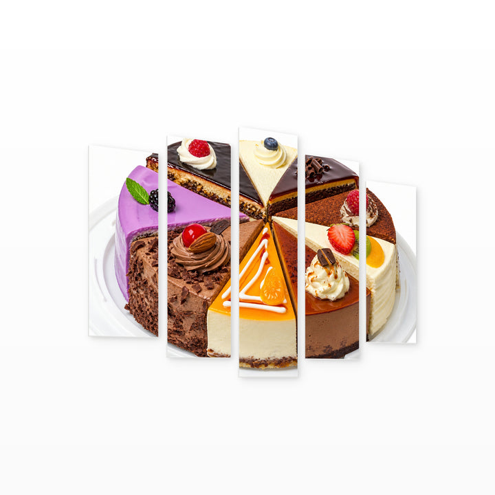 Assorted Cake Slices Still Life — five-panel wall art on white background in perspective | 5wallart 53075 M1