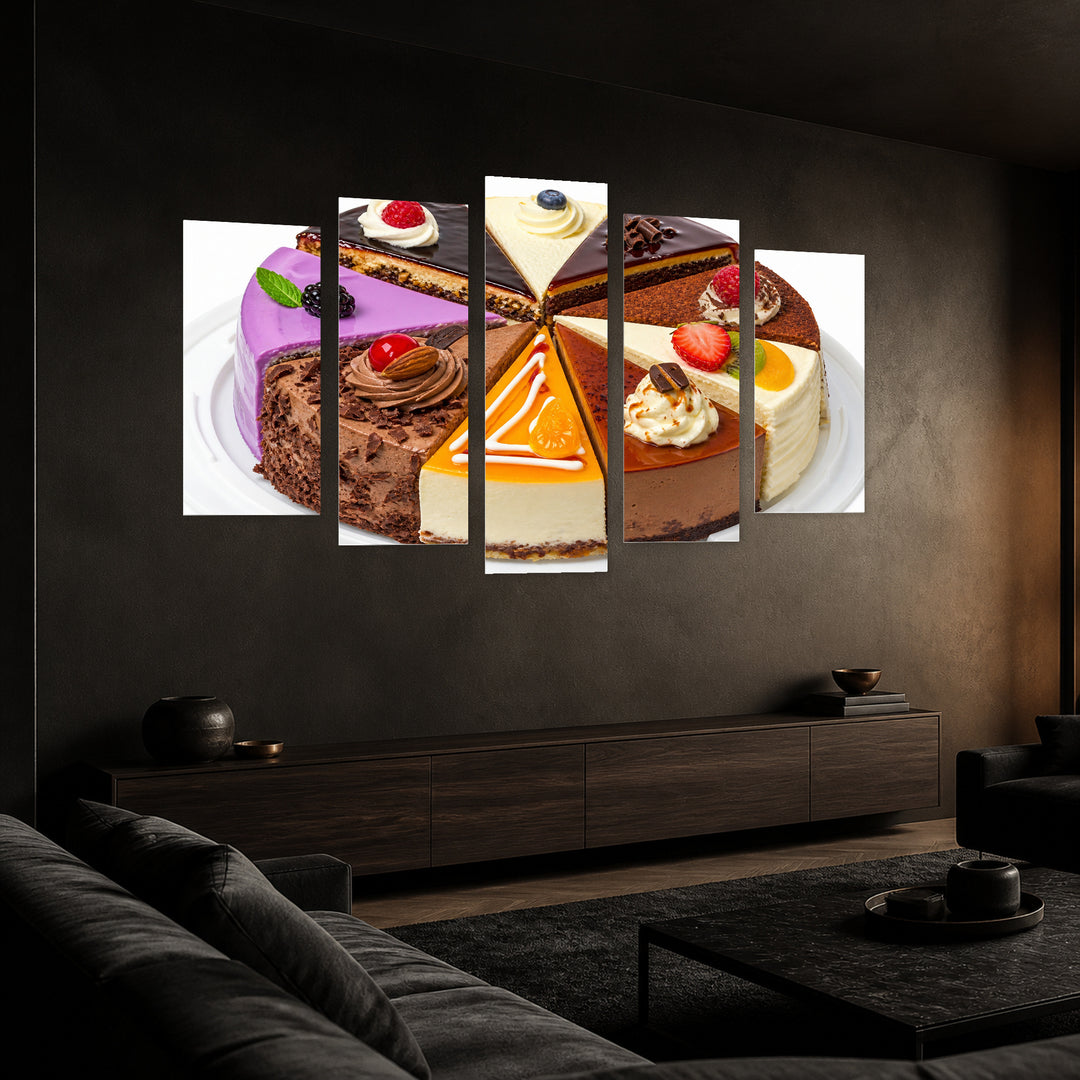Assorted Cake Slices Still Life — five-panel wall art in perspective interior | 5wallart 53075 M2