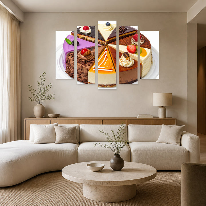Assorted Cake Slices Still Life — five-panel wall art in frontal interior | 5wallart 53075 M3
