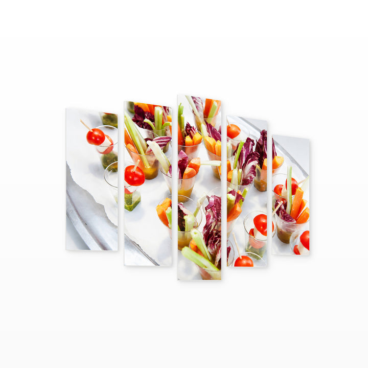 Vegetable Shots with Geometric Rhythm — five-panel wall art on white background in perspective | 5wallart 53076 M1