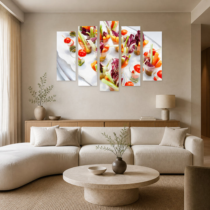 Vegetable Shots with Geometric Rhythm — five-panel wall art in alternate frontal interior | 5wallart 53076 M4