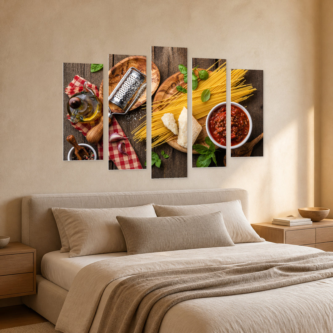 Spaghetti and Sauce Still Life — five-panel wall art in perspective interior | 5wallart 53077 M2
