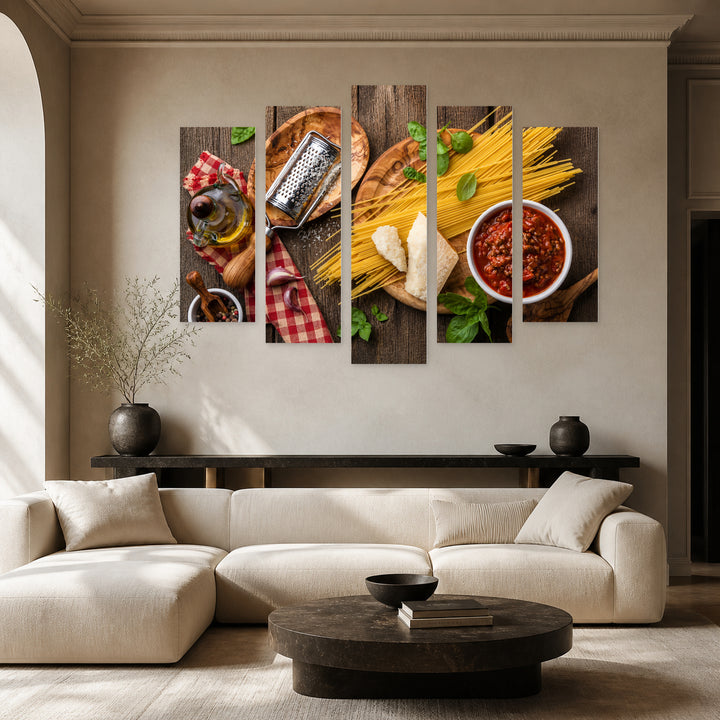 Spaghetti and Sauce Still Life — five-panel wall art in frontal interior | 5wallart 53077 M3