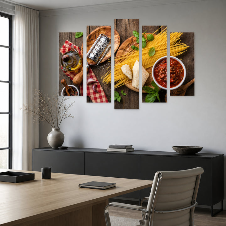 Spaghetti and Sauce Still Life — five-panel wall art in alternate frontal interior | 5wallart 53077 M4