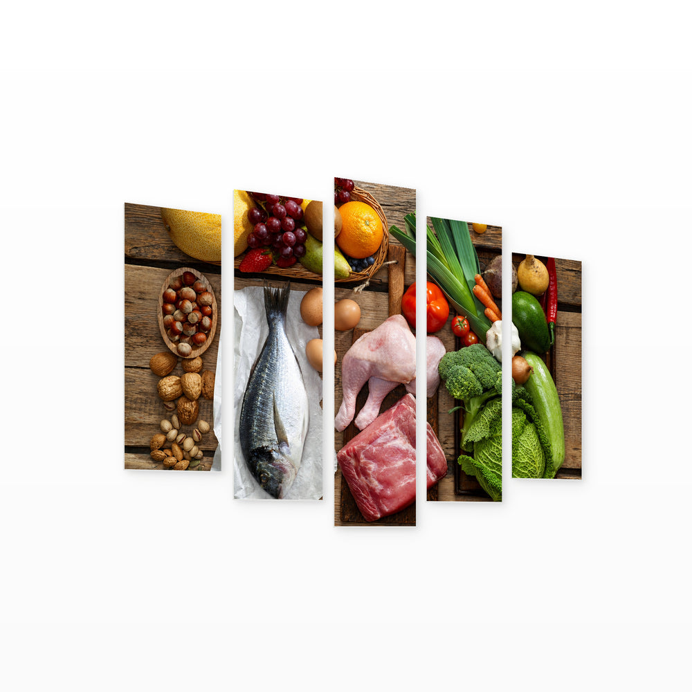Vegetables and Assorted Meats in Vivid Color — five-panel wall art on white background in perspective | 5wallart 53079 M1