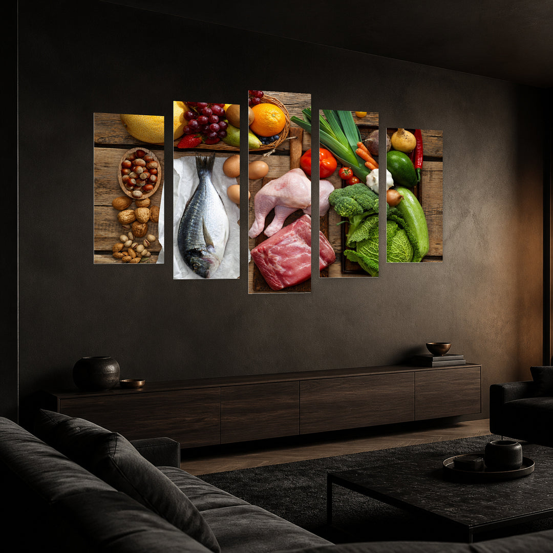 Vegetables and Assorted Meats in Vivid Color — five-panel wall art in perspective interior | 5wallart 53079 M2