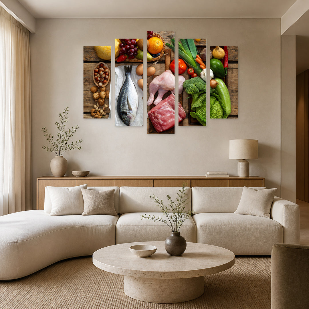 Vegetables and Assorted Meats in Vivid Color — five-panel wall art in frontal interior | 5wallart 53079 M3