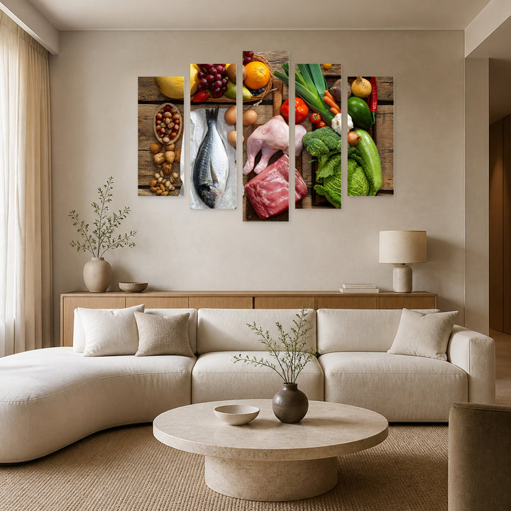 Vegetables and Assorted Meats in Vivid Color — five-panel wall art in frontal interior | 5wallart 53079 M3