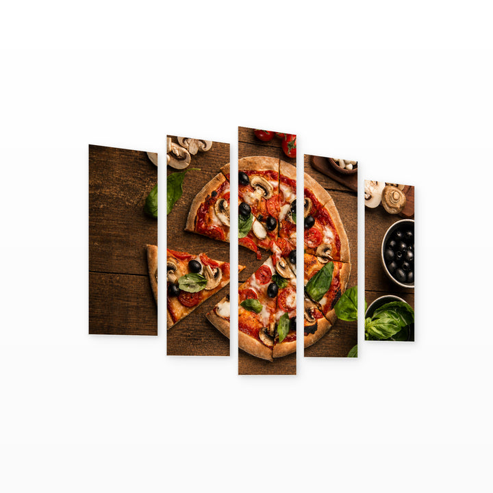 Sliced Pizza Still Life — five-panel wall art on white background in perspective | 5wallart 53080 M1