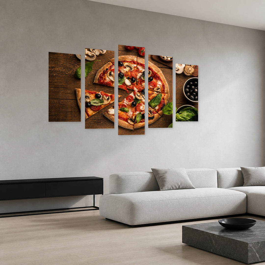 Sliced Pizza Still Life — five-panel wall art in perspective interior | 5wallart 53080 M2
