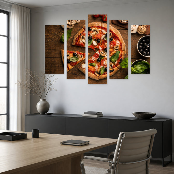 Sliced Pizza Still Life — five-panel wall art in frontal interior | 5wallart 53080 M3