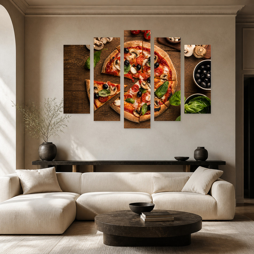 Sliced Pizza Still Life — five-panel wall art in alternate frontal interior | 5wallart 53080 M4