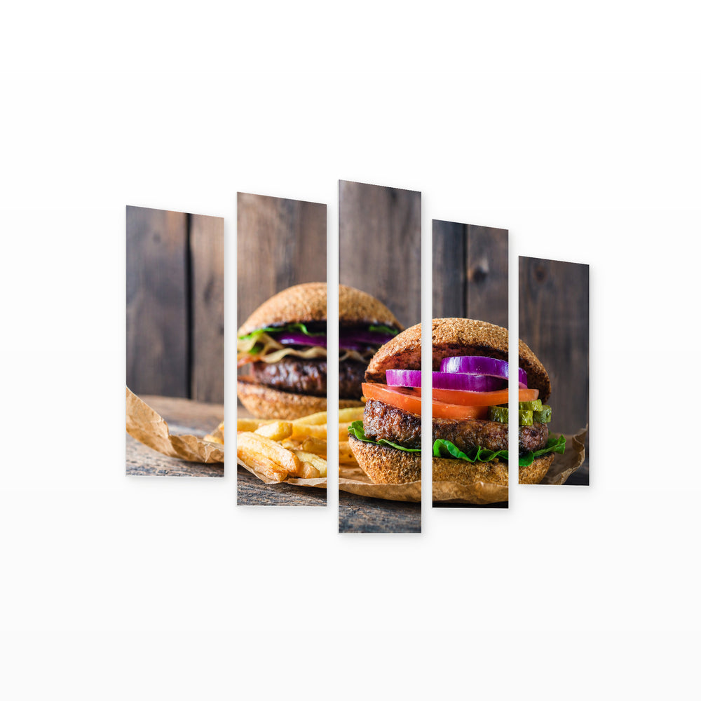 Burgers with Geometric Rhythm — five-panel wall art on white background in perspective | 5wallart 53083 M1