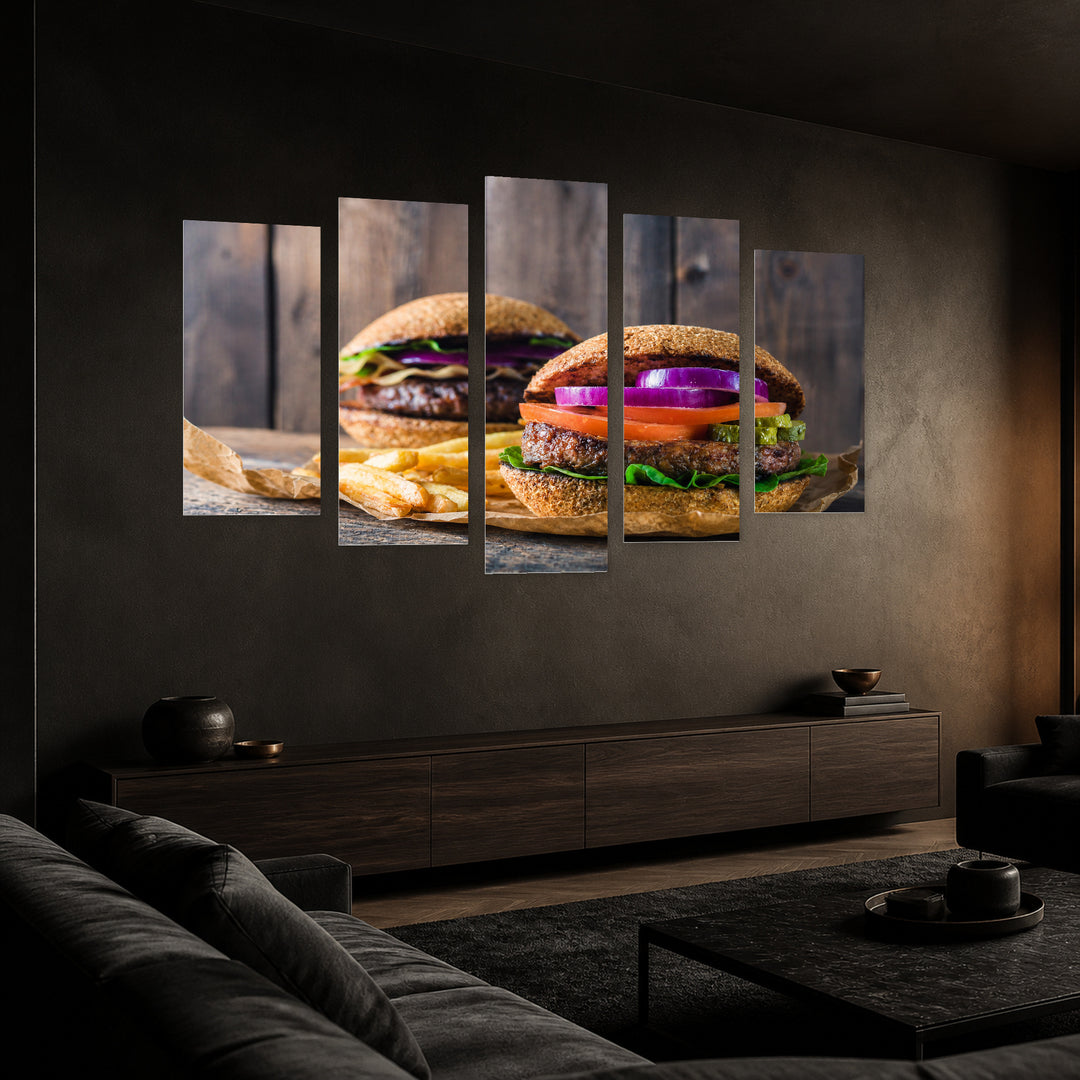 Burgers with Geometric Rhythm — five-panel wall art in perspective interior | 5wallart 53083 M2
