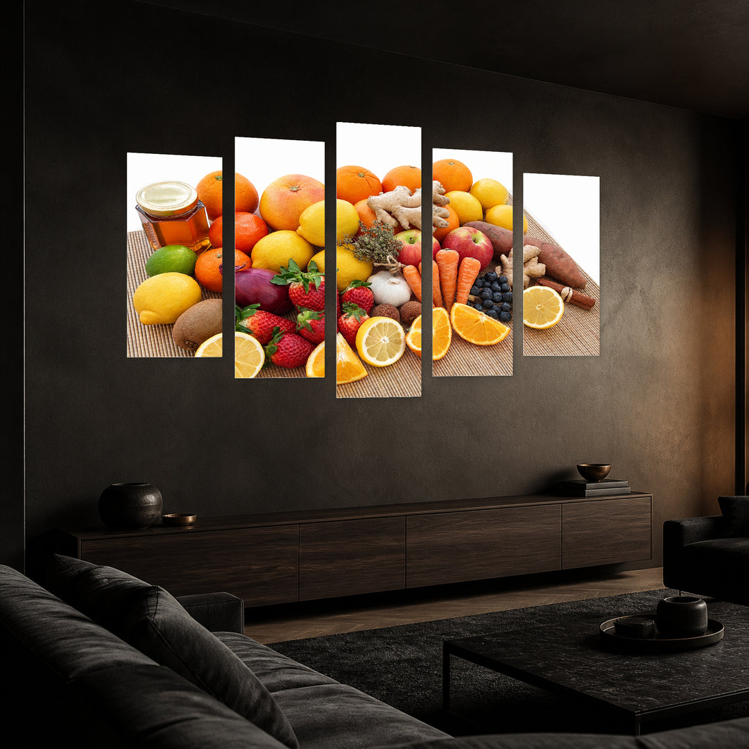 Citrus Fruits with Geometric Rhythm — five-panel wall art in perspective interior | 5wallart 53087 M2