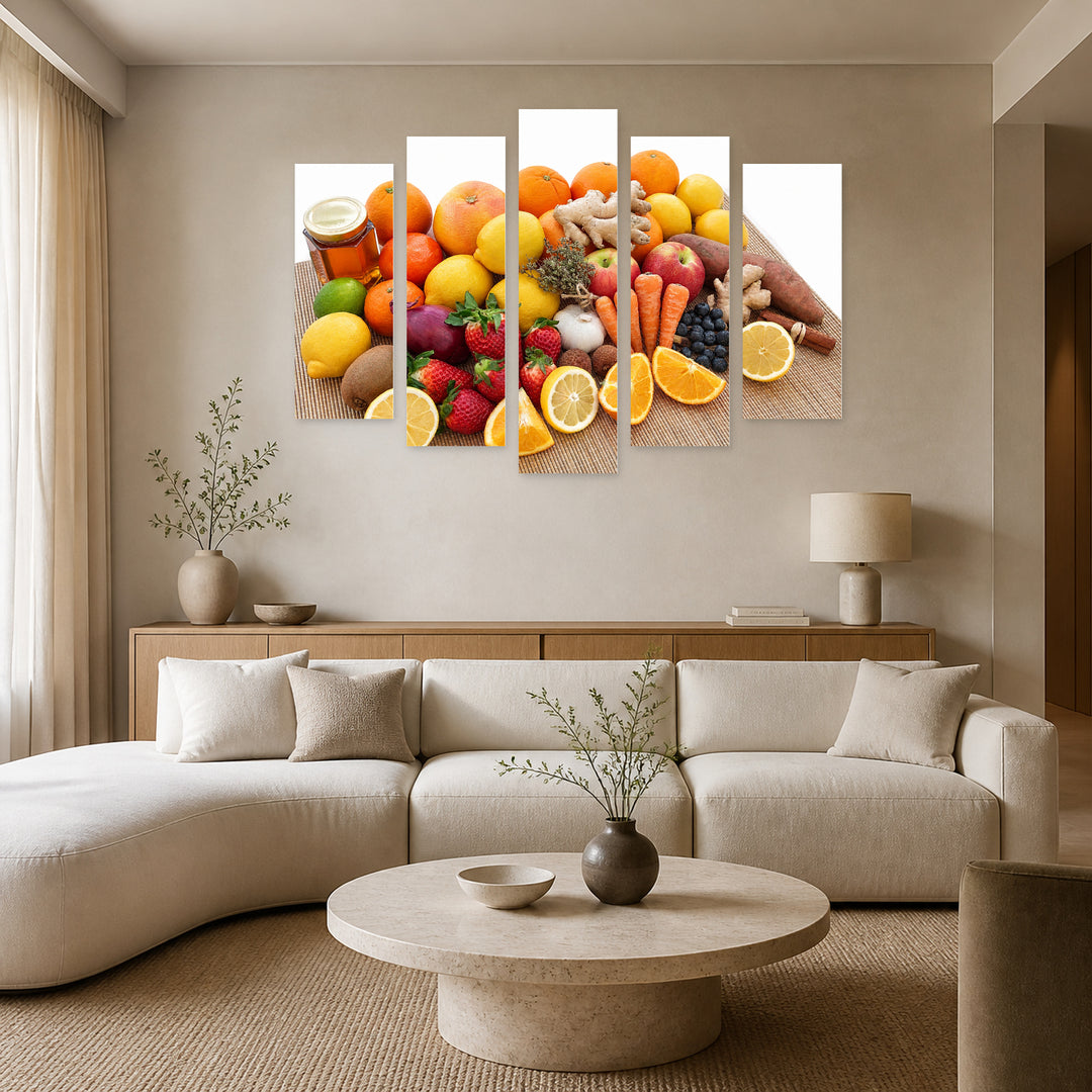 Citrus Fruits with Geometric Rhythm — five-panel wall art in frontal interior | 5wallart 53087 M3