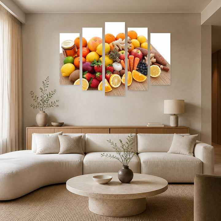 Citrus Fruits with Geometric Rhythm — five-panel wall art in frontal interior | 5wallart 53087 M3