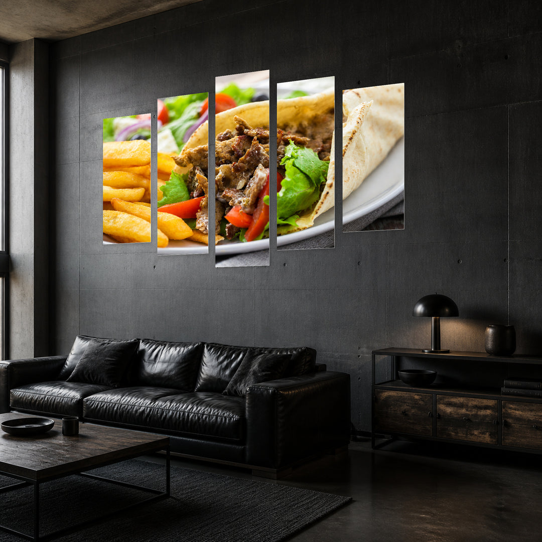 Greek Gyros with Fries Urban Panorama — five-panel wall art in perspective interior | 5wallart 53088 M2