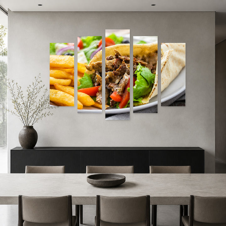 Greek Gyros with Fries Urban Panorama — five-panel wall art in frontal interior | 5wallart 53088 M3
