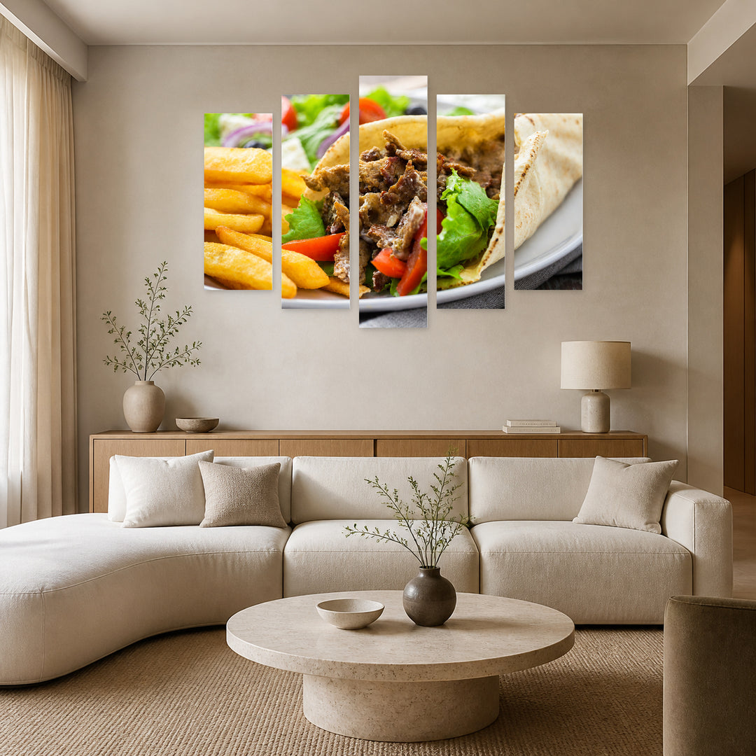 Greek Gyros with Fries Urban Panorama — five-panel wall art in alternate frontal interior | 5wallart 53088 M4