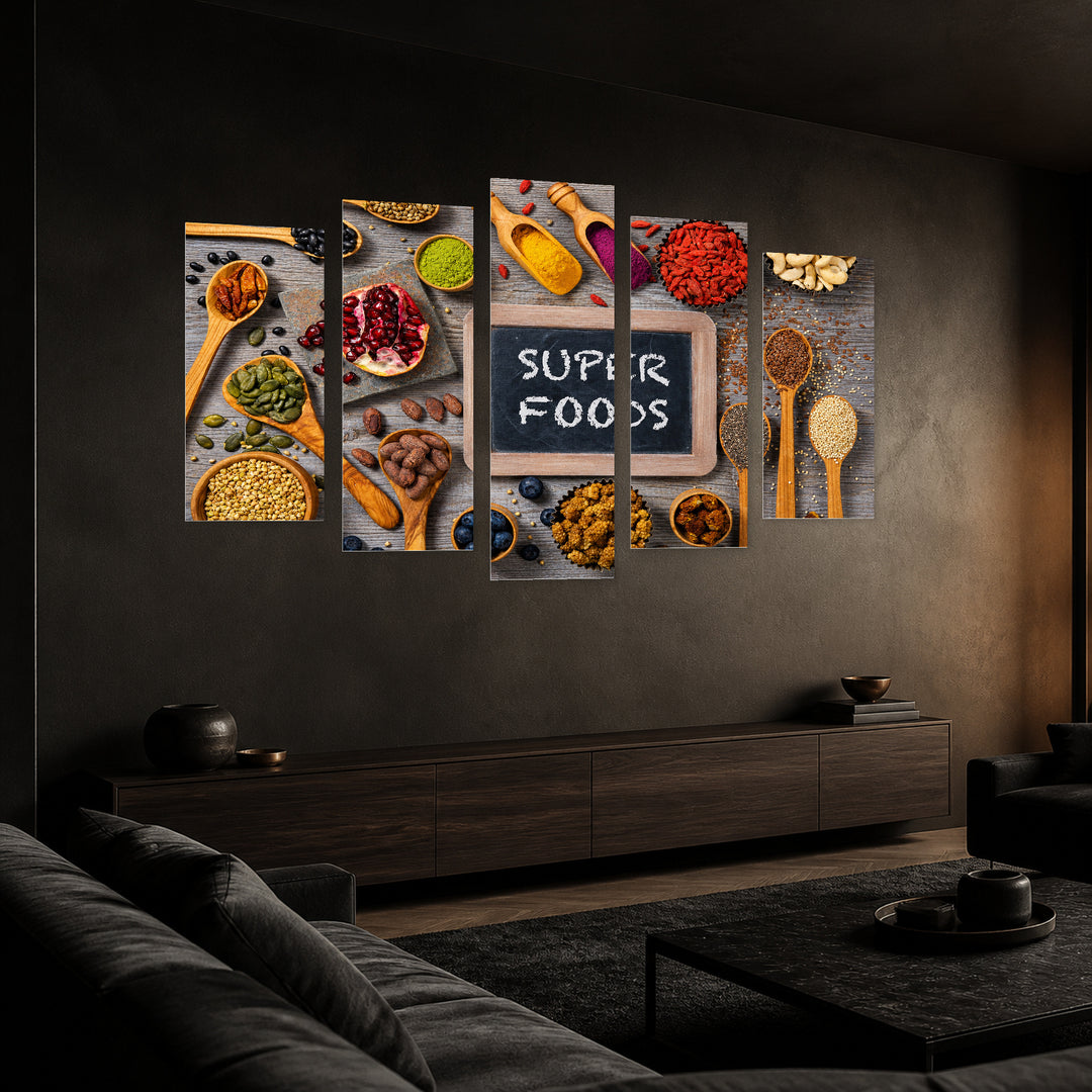 Superfoods in Vivid Color — five-panel wall art in perspective interior | 5wallart 53089 M2